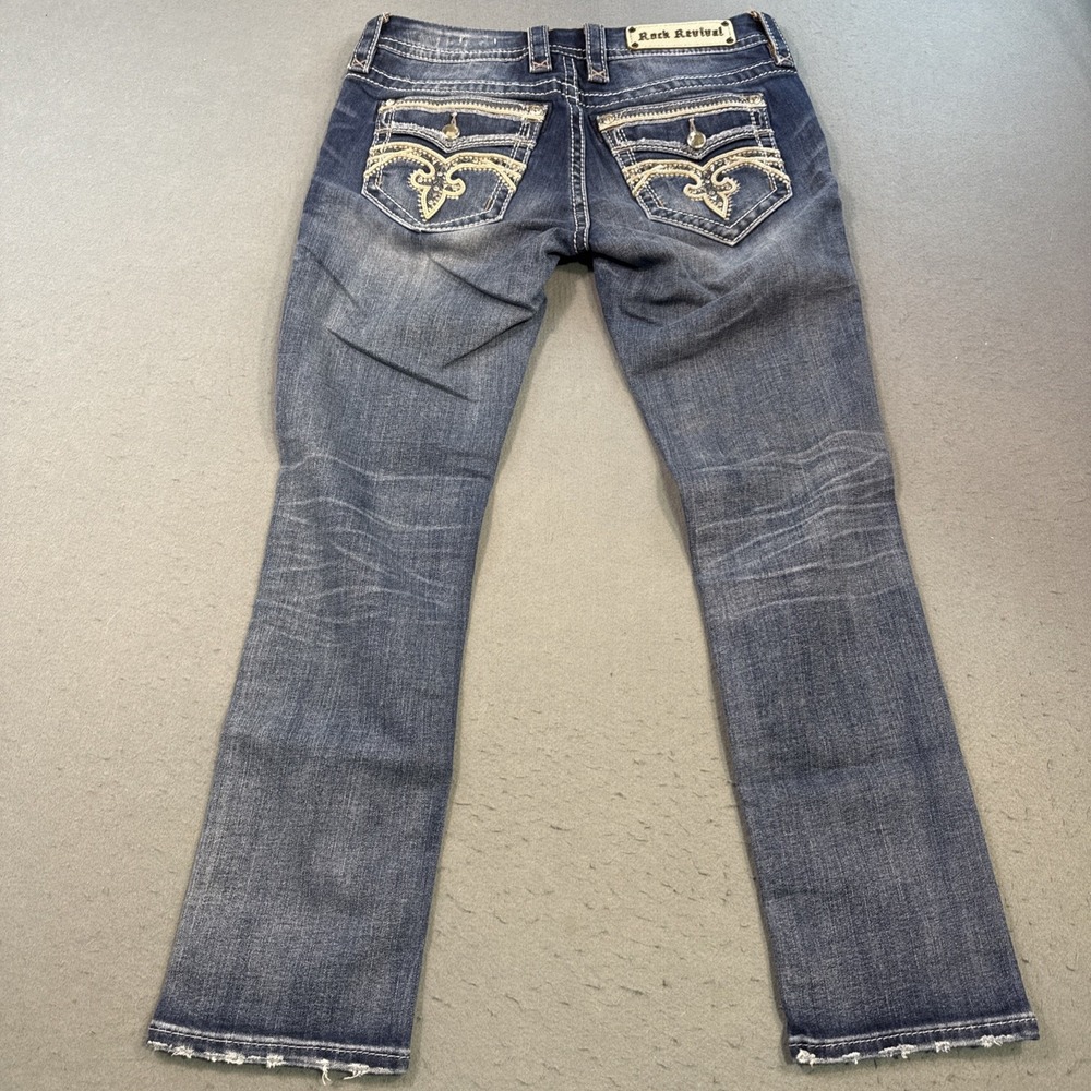 Rock Revival pILKIN crop jeans wOMEN 28x  28.5 embroidered HICK sTITCH wHISKErs - Picture 2 of 10